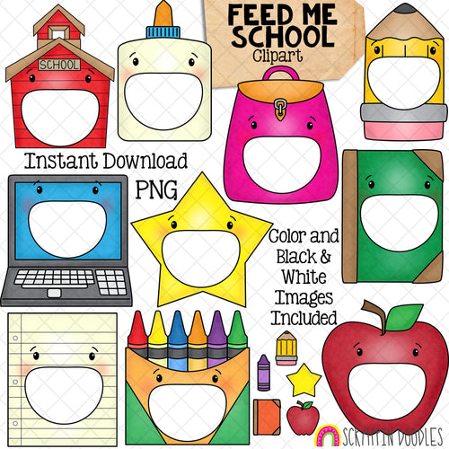 Feed Me School ClipArt - Feeding Open Mouth School Supplies - Pencil - Glue - Book - Laptop - Paper - Crayon Box - Backpack - Create a Game