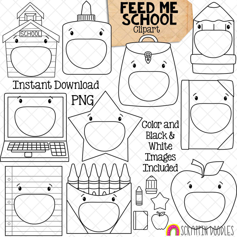 Feed Me School ClipArt - Feeding Open Mouth School Supplies - Pencil - Glue - Book - Laptop - Paper - Crayon Box - Backpack - Create a Game