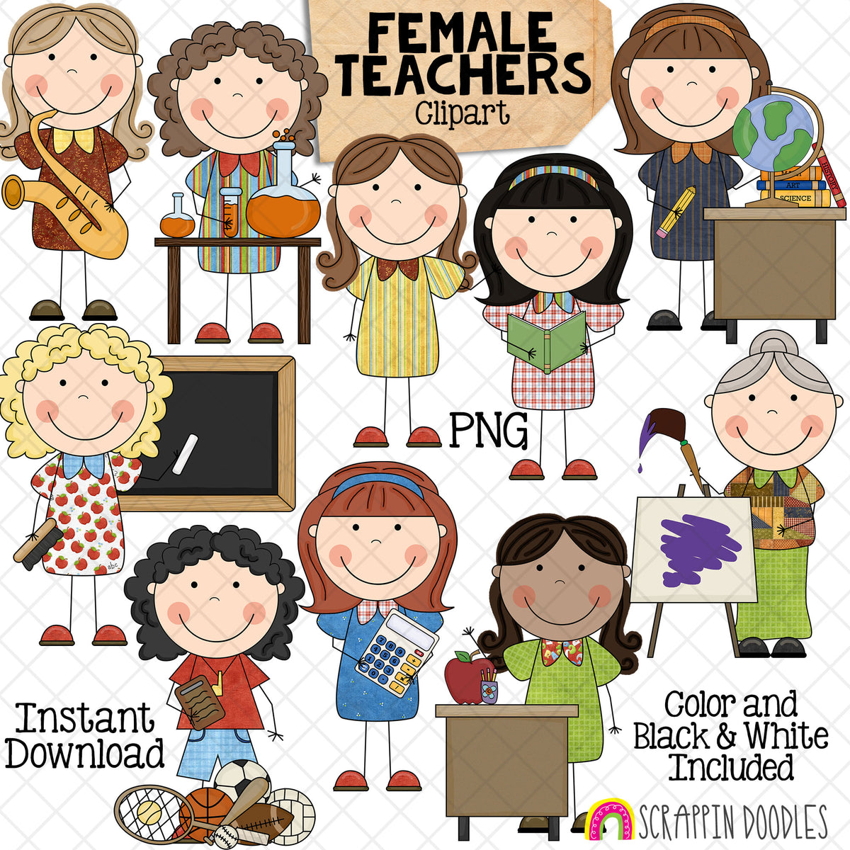 Female Teachers Clip Art - Woman Teaching - Science - Math - Music - Language Arts - Social Studies - Music - Phys Ed - CU PNG Graphics