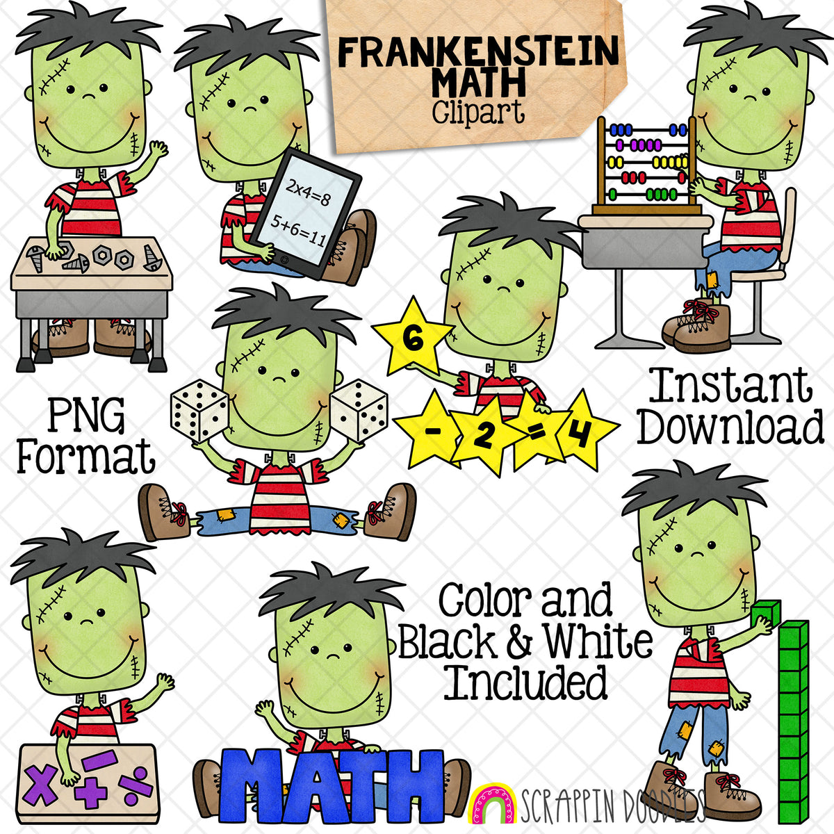 Frankenstein Math Clip Art - Halloween Math Clipart - Addition - Counting - School