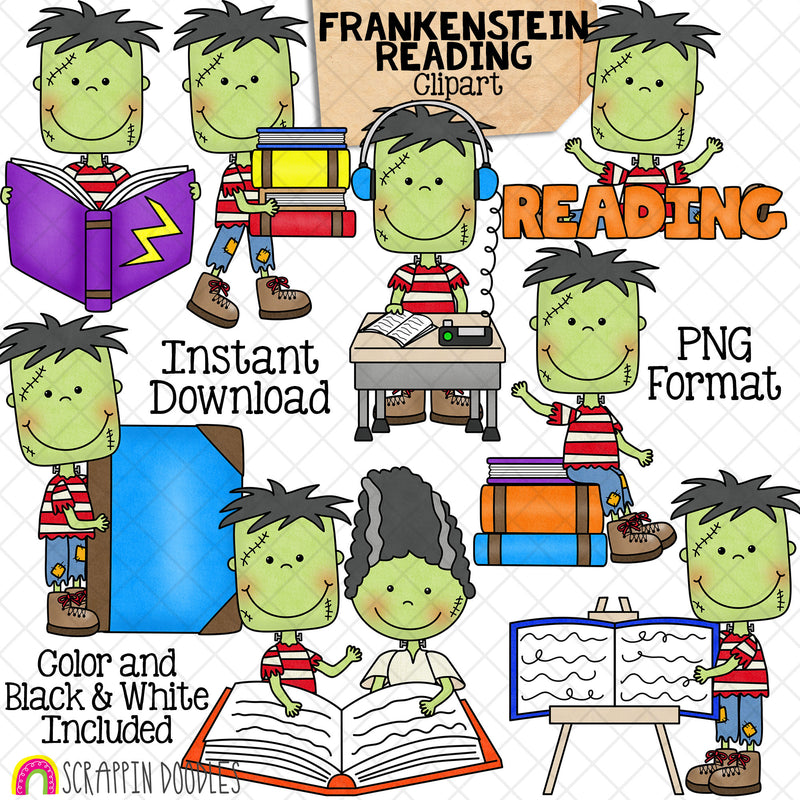 Frankenstein Reading Clip Art - Halloween Library Clipart - Read Books - Commercial Use PNG