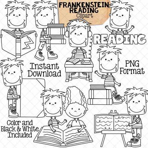 Frankenstein Reading Clip Art - Halloween Library Clipart - Read Books - Commercial Use PNG