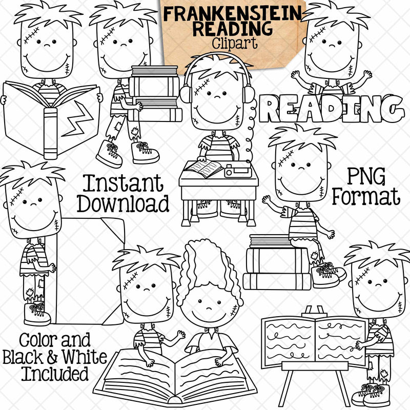 Frankenstein Reading Clip Art - Halloween Library Clipart - Read Books - Commercial Use PNG