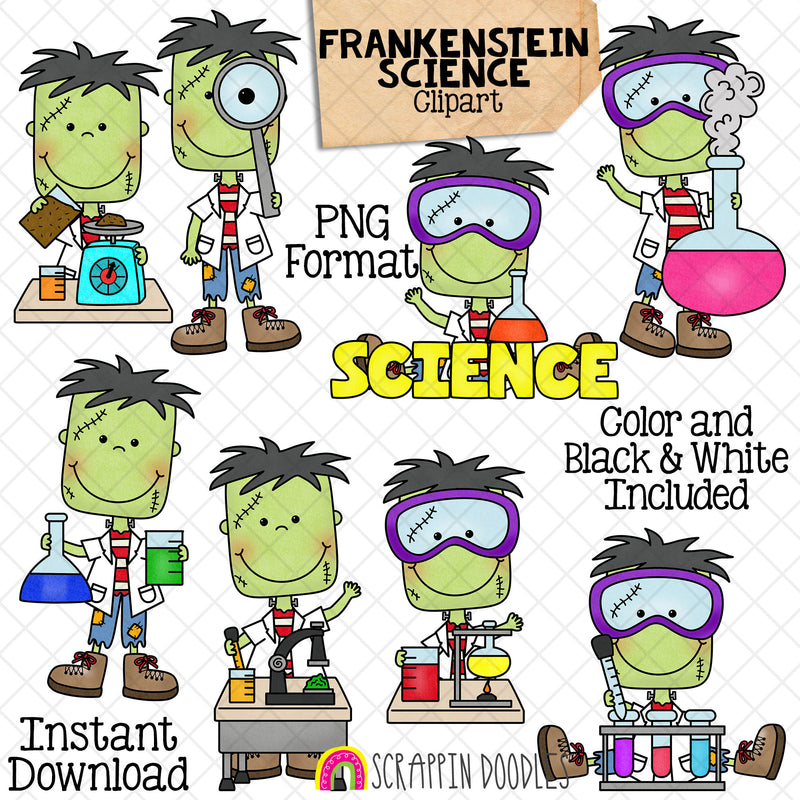 Frankenstein Science Clip Art - Halloween Experiment Clipart - School - Mad Scientist - Commercial Use PNG