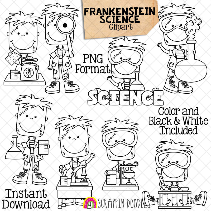 Frankenstein Science Clip Art - Halloween Experiment Clipart - School - Mad Scientist - Commercial Use PNG