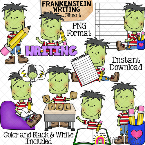 Frankenstein Writing Clip Art - Halloween Spelling Clipart - School - Mad Scientist - Commercial Use PNG