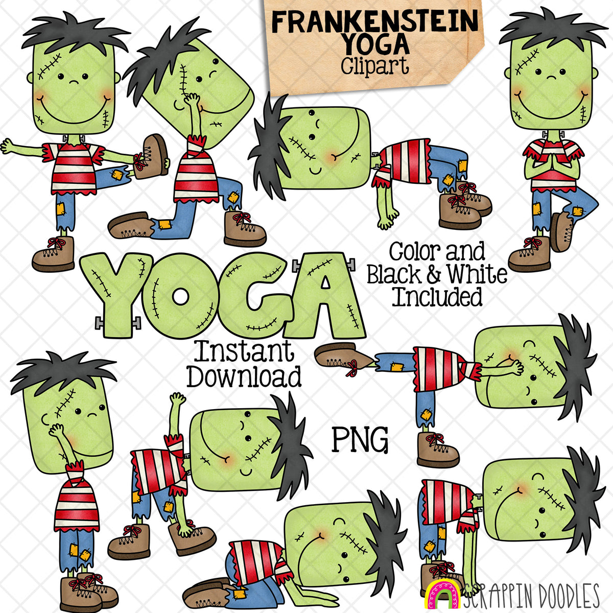 Frankenstein Yoga Clip Art - Halloween Stretching Clipart - Frankenstein Doing Yoga Poses - Commercial Use PNG Sublimation