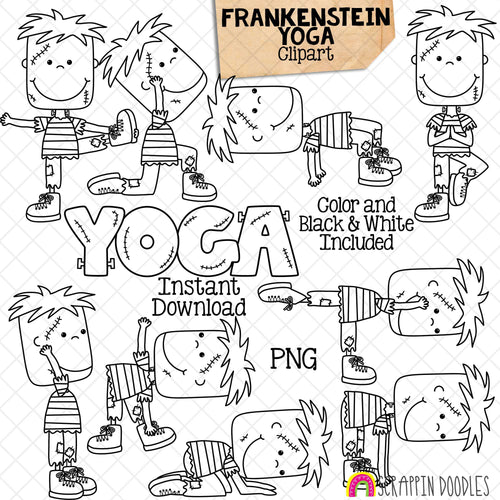 Frankenstein Yoga Clip Art - Halloween Stretching Clipart - Frankenstein Doing Yoga Poses - Commercial Use PNG Sublimation