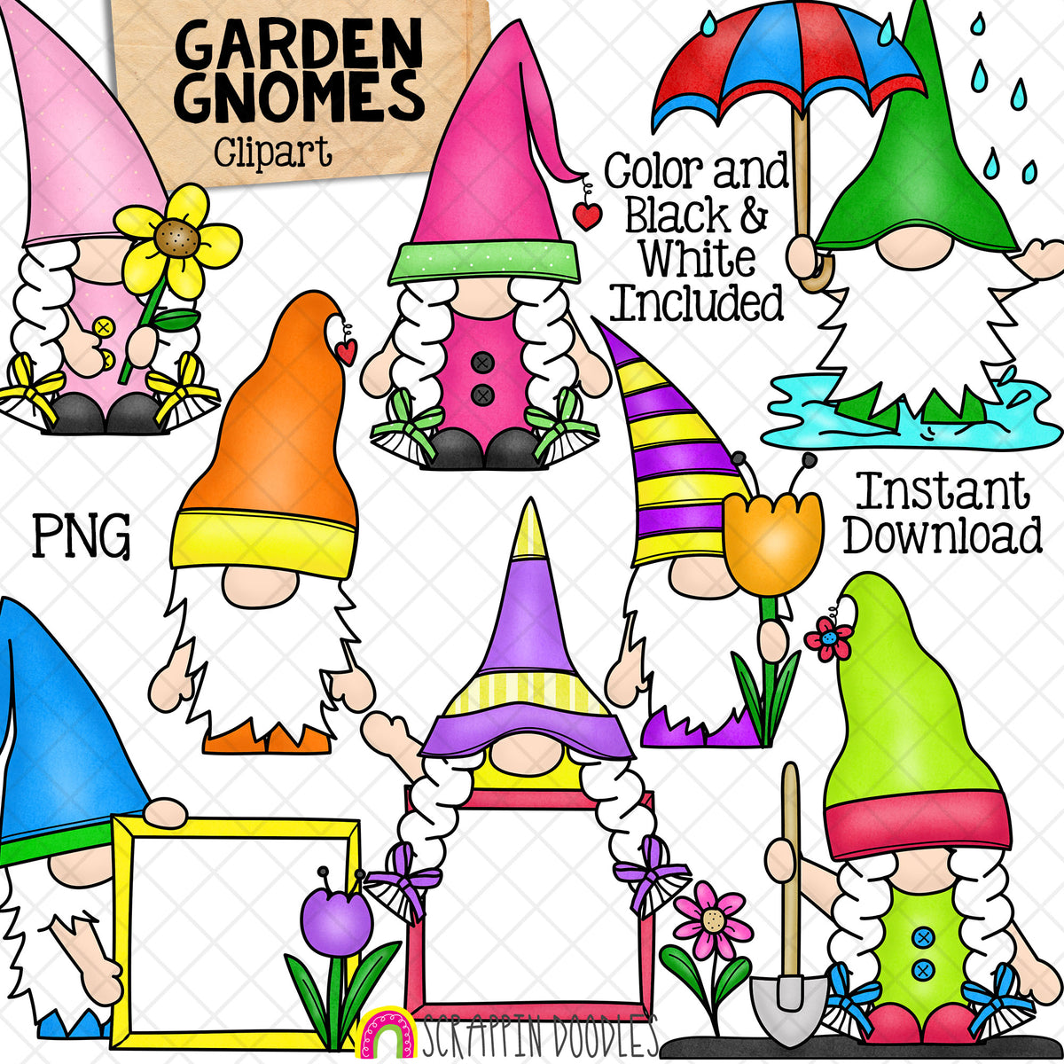 Garden Gnomes ClipArt- Summer Gnome Clip Art - Spring Garden Gnomes - Commercial Use PNG