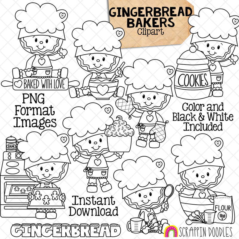 Gingerbread Clip Art - Ginger Bread Baking - Cute Christmas Cookie Bakers Clipart - Making Cookies - Commercial Use PNG Sublimation