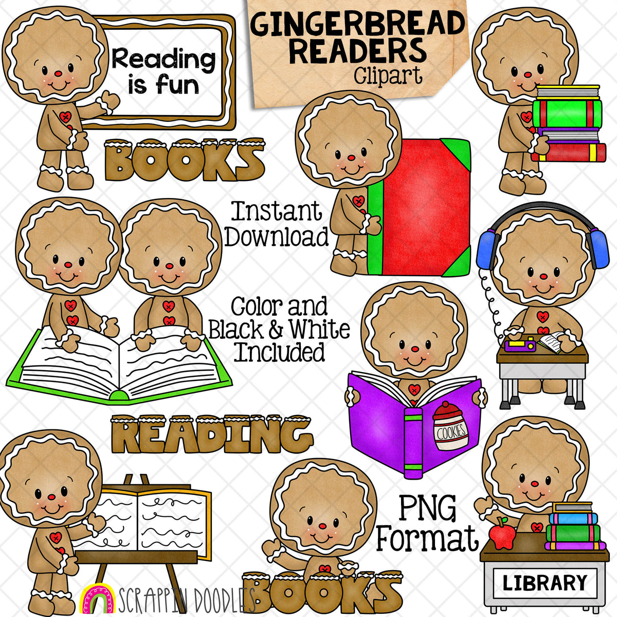 Gingerbread Reading ClipArt - Ginger Bread School - Cute Christmas Cookie Clip Art - Library Book Cookies - Commercial Use PNG Sublimation