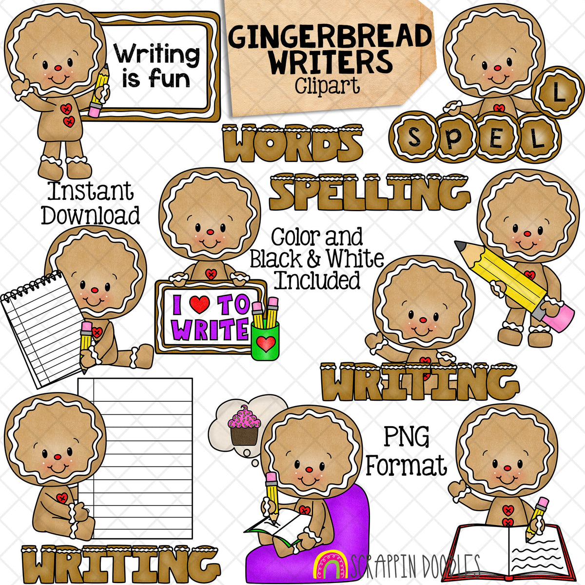 Gingerbread Writing ClipArt - Ginger Bread School - Cute Christmas Cookie Clip Art - Spelling Words Cookies - Commercial Use PNG Sublimation