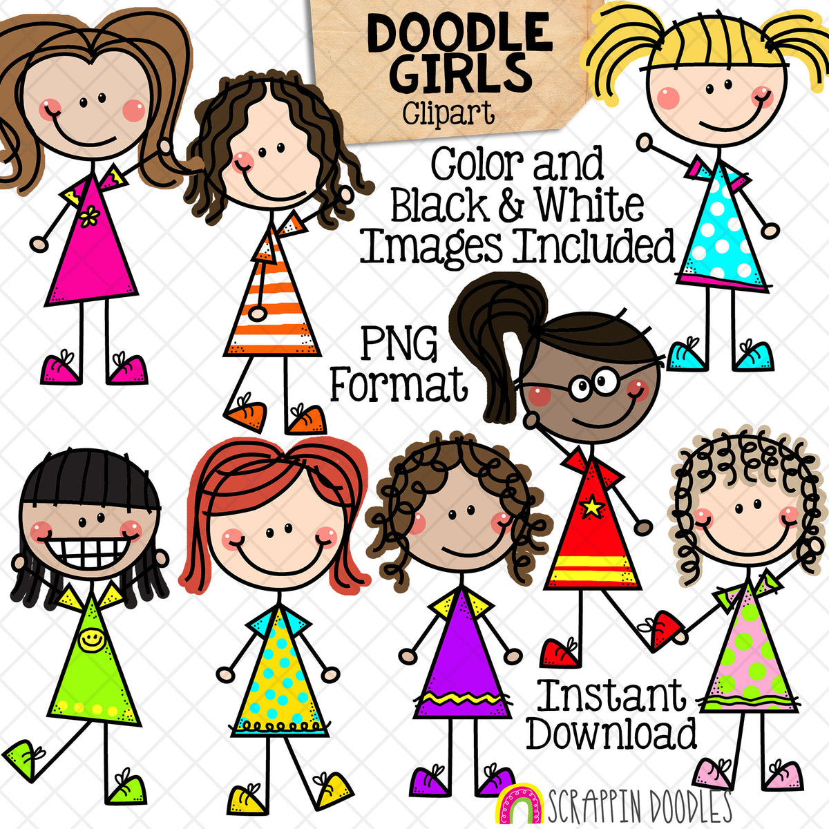 Doodle Girls Clipart - Girl Graphics - Standing - Multi Cultural Kids - Hand Drawn PNG - Commercial Use Allowed