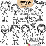 Doodle Girls Clipart - Girl Graphics - Standing - Multi Cultural Kids - Hand Drawn PNG - Commercial Use Allowed