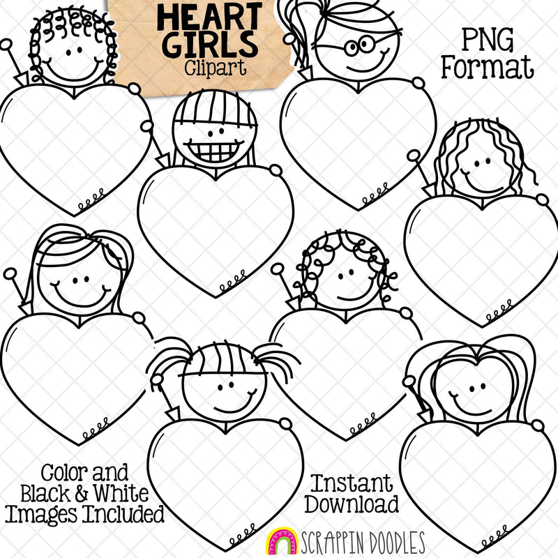 Girls Holding Hearts Clip Art - Valentines Day Doodle Kids Clipart - Valentine Stick Figure Graphics - Commercial Use PNG - Sublimation