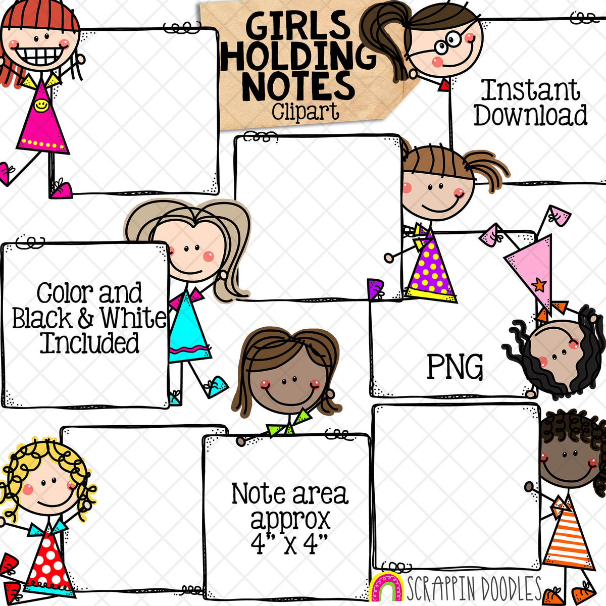 Holding Notes ClipArt - Doodle Girls - Kids Holding Frames - School Clip Art - Hand Drawn PNG - Planner Clipart -Commercial Use PNG - Sublimation