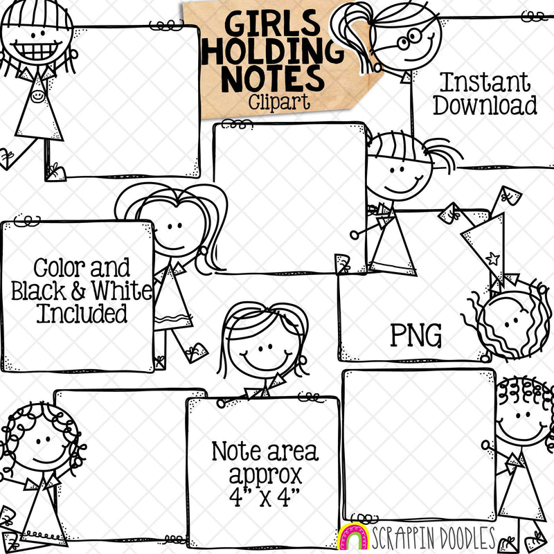 Holding Notes ClipArt - Doodle Girls - Kids Holding Frames - School Clip Art - Hand Drawn PNG - Planner Clipart -Commercial Use PNG - Sublimation