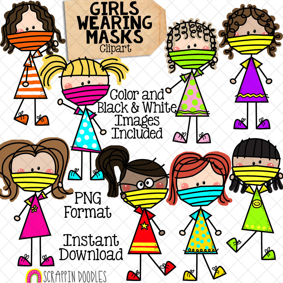 Girls Wearing Masks Clip Art - Doodle Girls - Stick Figure Graphics - Commercial Use PNG