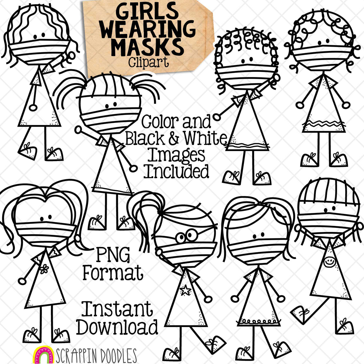 Girls Wearing Masks Clip Art - Doodle Girls - Stick Figure Graphics - Commercial Use PNG