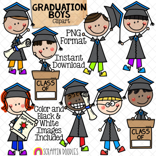 Graduation ClipArt - Doodle Boys Graduating - School ClipArt - Diploma - Class of Graphics - Sublimation Graphics - Hand Drawn PNG