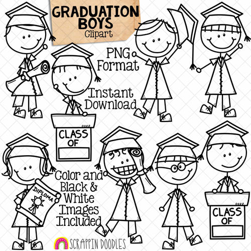 Graduation ClipArt - Doodle Boys Graduating - School ClipArt - Diploma - Class of Graphics - Sublimation Graphics - Hand Drawn PNG