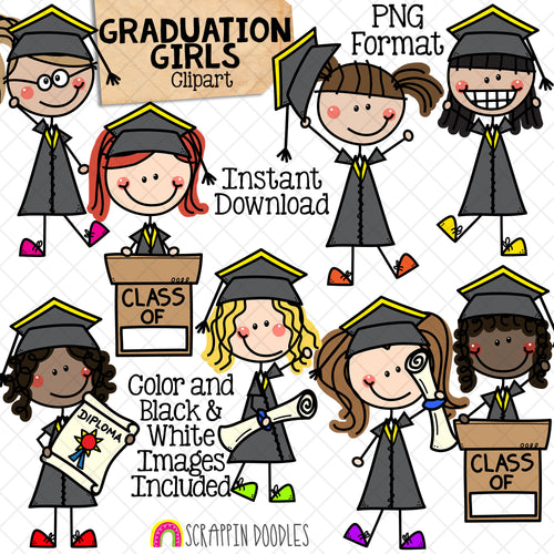 Graduation ClipArt - Doodle Girls Graduating - School ClipArt - Diploma - Class of Graphics - Sublimation Graphics - Hand Drawn PNG