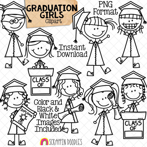 Graduation ClipArt - Doodle Girls Graduating - School ClipArt - Diploma - Class of Graphics - Sublimation Graphics - Hand Drawn PNG