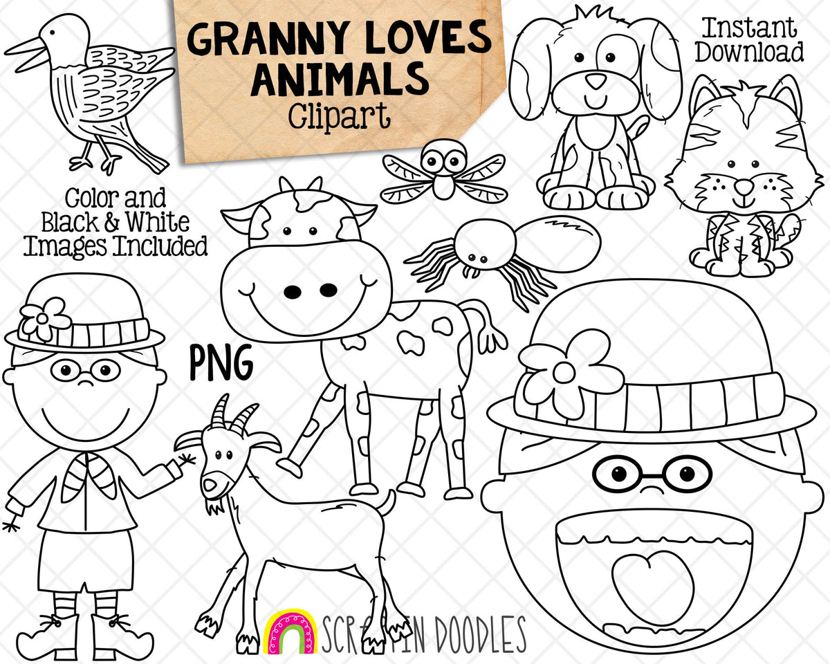 Granny Loves Animals Clip Art - Old Lady Swallowed A Fly -Commercial Use PNG 