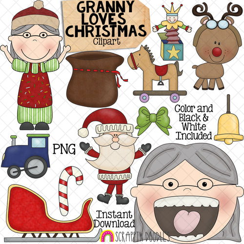 Granny Loves Christmas Clip Art - Old Lady Swallowed a Bell - Commercial Use PNG