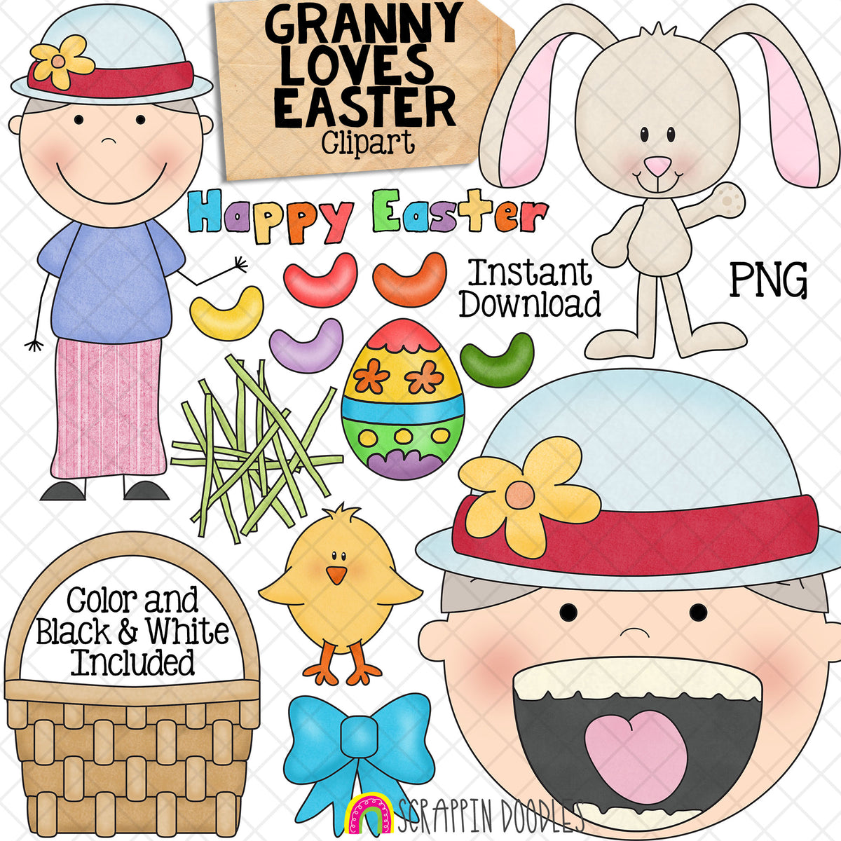 Granny Loves Easter ClipArt - Old Lady Swallowed a Chick Graphics - Commercial Use PNG