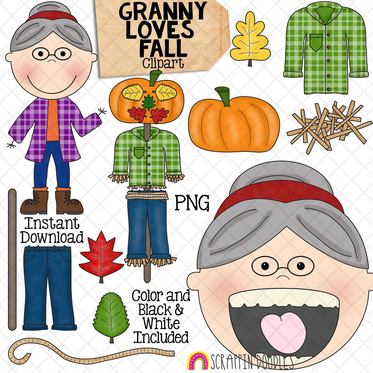 Granny Loves Fall Clip Art - Old Lady Swallowed Some Leaves Graphics - Commercial Use PNG