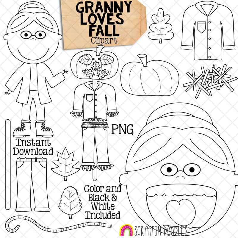 Granny Loves Fall Clip Art - Old Lady Swallowed Some Leaves Graphics - Commercial Use PNG