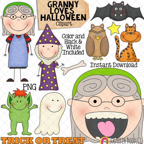 Granny Loves Halloween Clip Art - Old Lady Swallowed a Bat Graphics - Commercial Use PNG