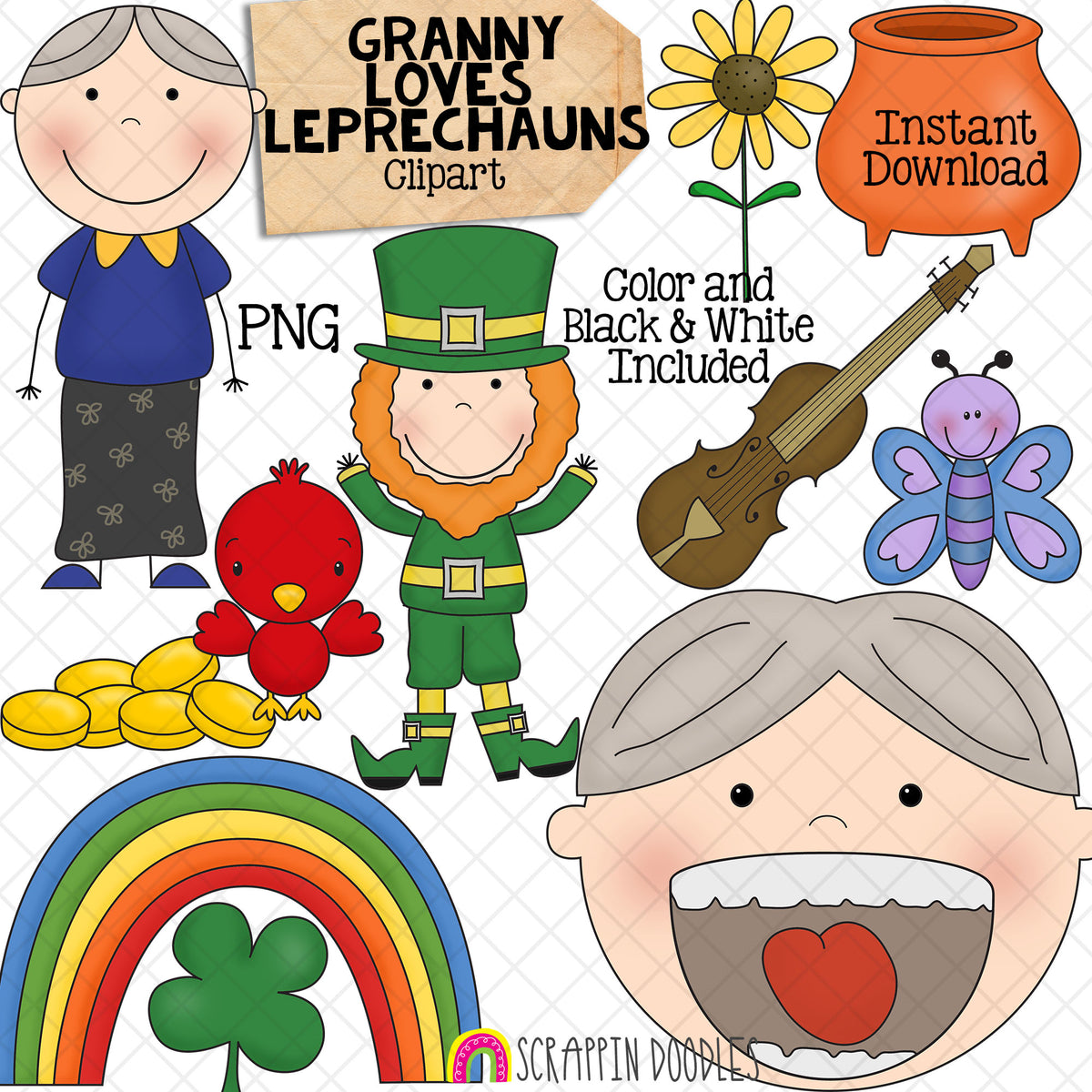 Granny Loves Leprechauns Clip Art - Old Lady Swallowed a Clover - Commercial Use PNG