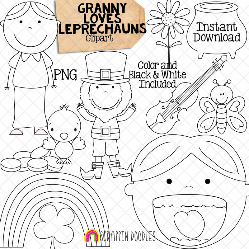 Granny Loves Leprechauns Clip Art - Old Lady Swallowed a Clover - Commercial Use PNG