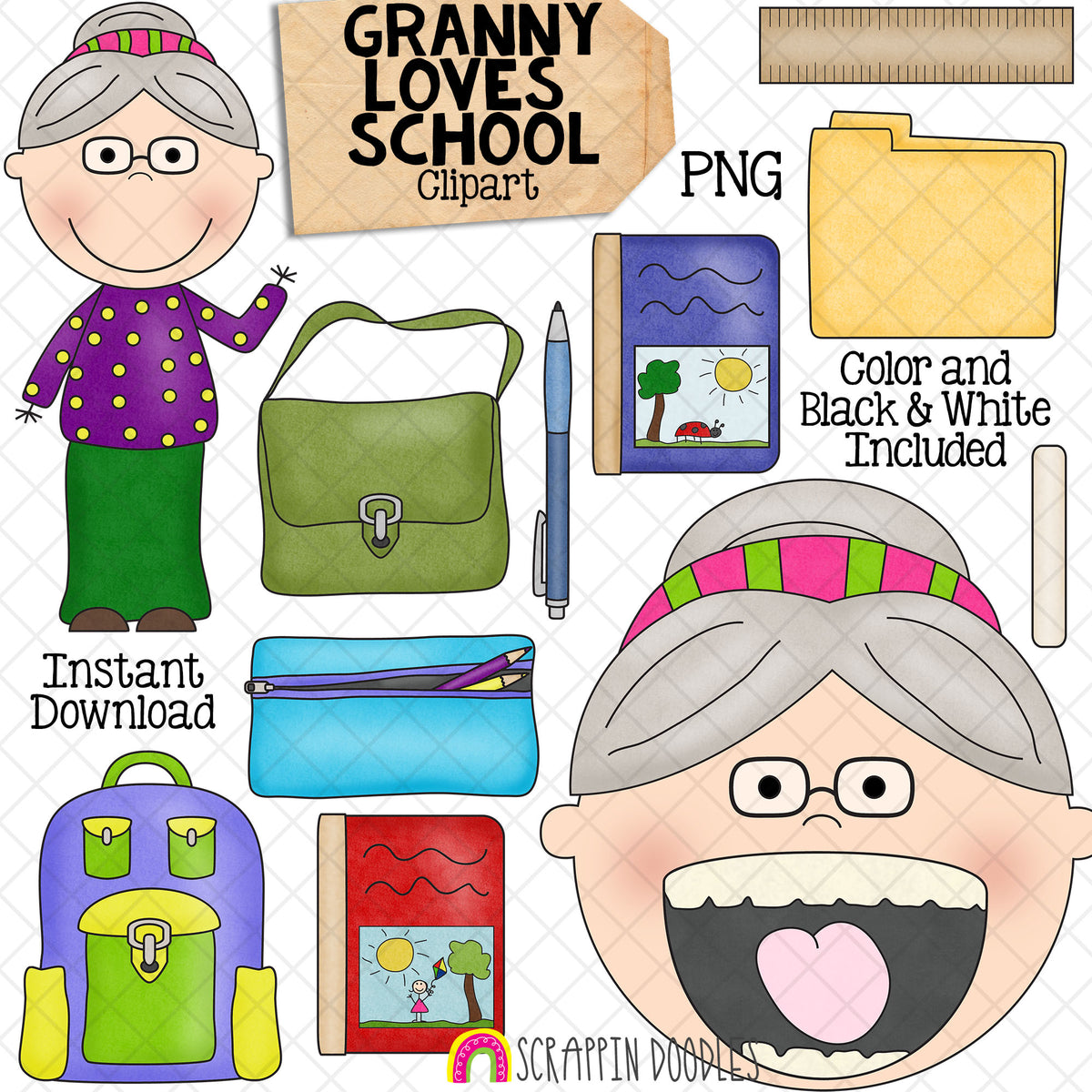 Granny Loves School Clip Art - Old Lady Swallowed a Book Graphics- Commercial Use PNG