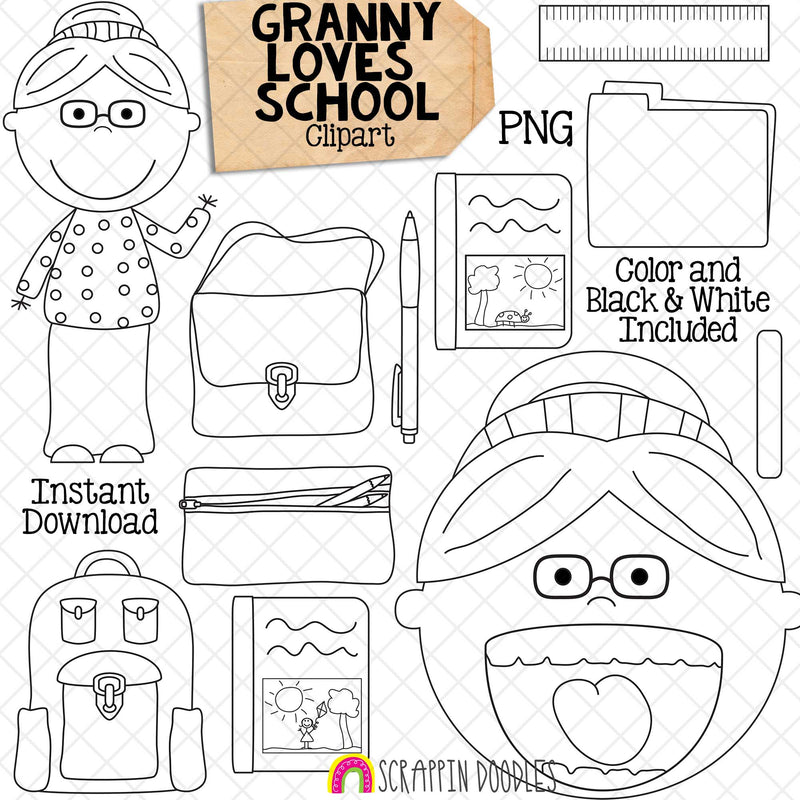 Granny Loves School Clip Art - Old Lady Swallowed a Book Graphics- Commercial Use PNG