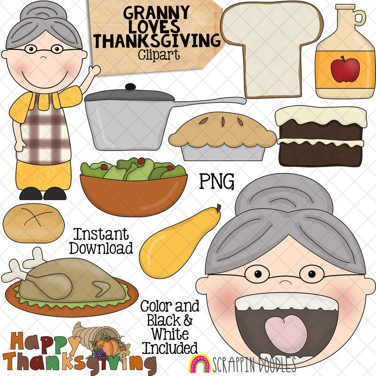 Granny Loves Thanksgiving Clip Art - Old Lady Swallowed A Pie Graphics- Commercial Use PNG