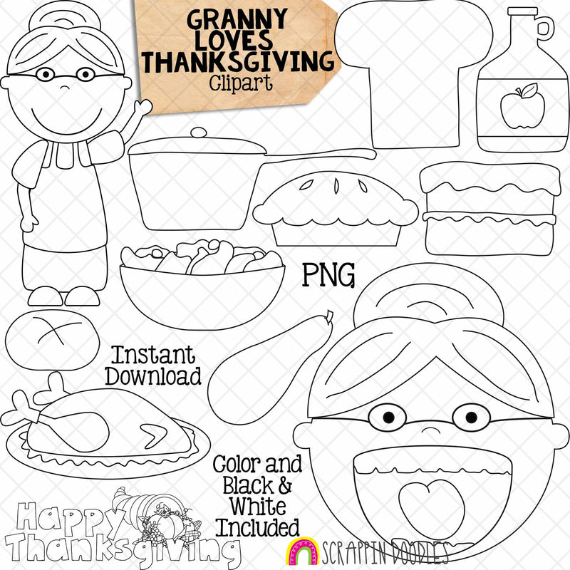 Granny Loves Thanksgiving Clip Art - Old Lady Swallowed A Pie Graphics- Commercial Use PNG