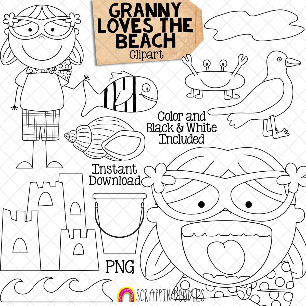 Granny Loves The Beach Clip Art - Old Lady Swallowed A Shell Graphics- Commercial Use PNG