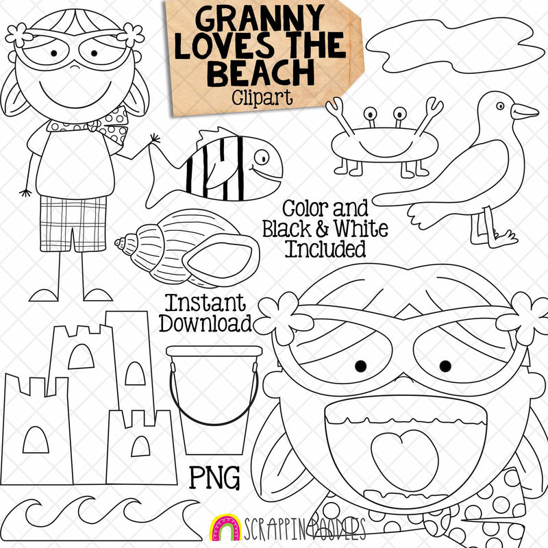 Granny Loves The Beach Clip Art - Old Lady Swallowed A Shell Graphics- Commercial Use PNG