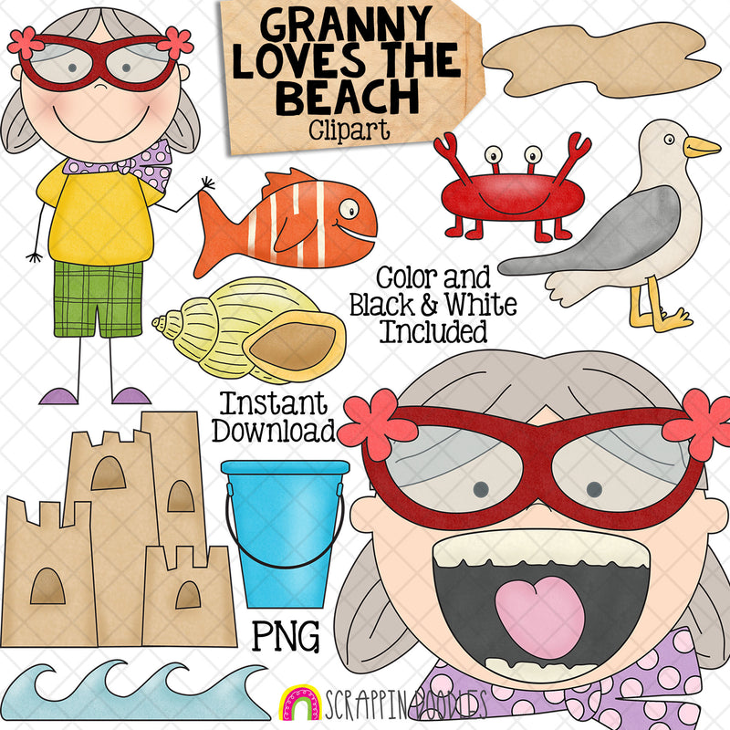 Granny Loves The Beach Clip Art - Old Lady Swallowed A Shell Graphics- Commercial Use PNG