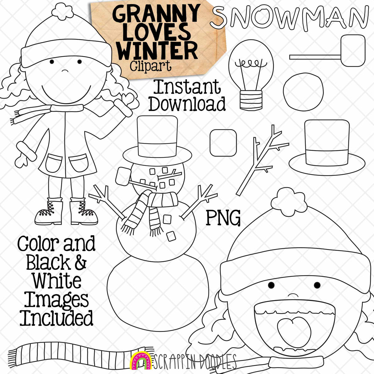 Granny Loves Winter Clip Art - Old Lady Swallowed Some Snow Graphics- Commercial Use PNG