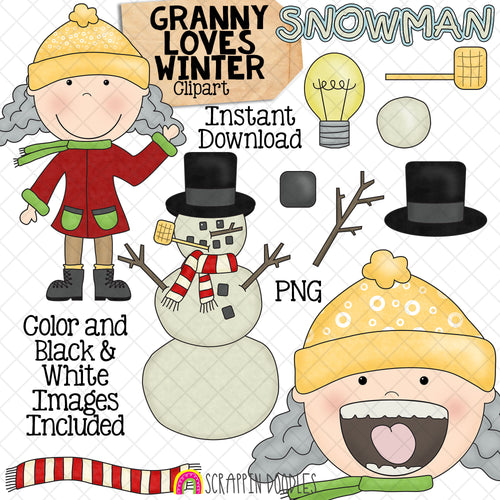 Granny Loves Winter Clip Art - Old Lady Swallowed Some Snow Graphics- Commercial Use PNG