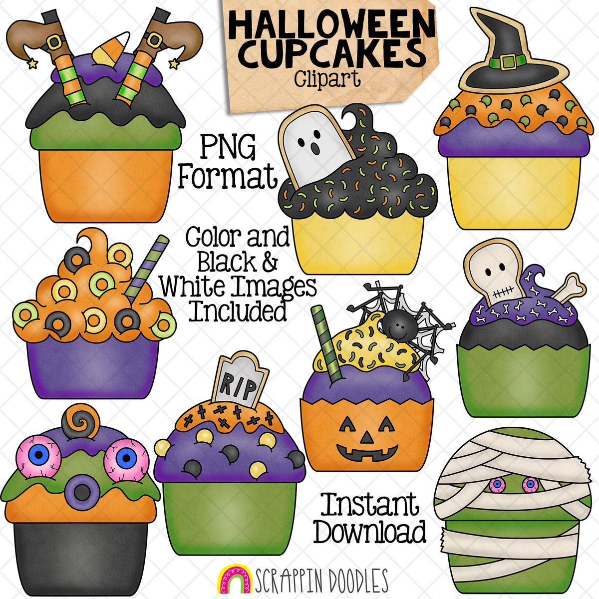 Halloween Cupcakes ClipArt - Mummy Cakes - Witch - Spooky - Graveyard - Commercial Use PNG Sublimation