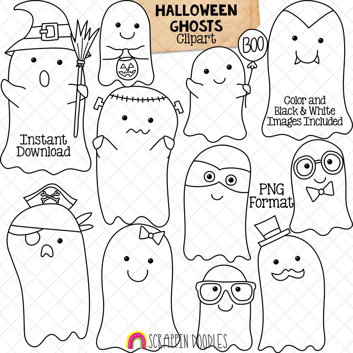 Halloween Ghost Clip Art - Cute Dress Up Ghosts - Ghosts in Costumes - Commercial Use PNG Sublimation Images