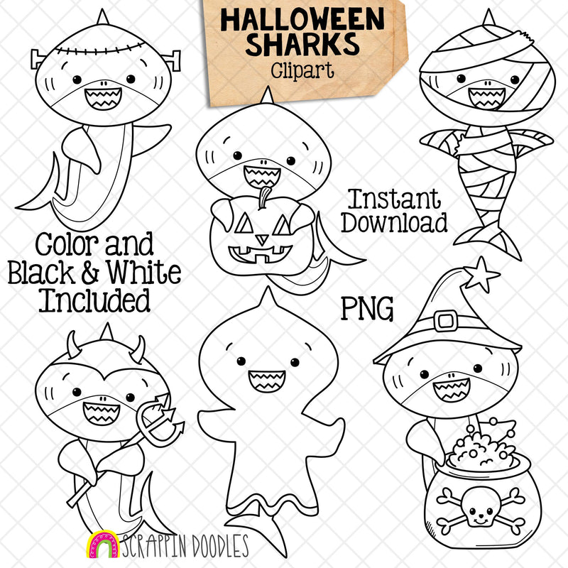 Halloween Sharks Clip Art - Grey Shark Clipart - Baby Shark - Commercial Use PNG Sublimation