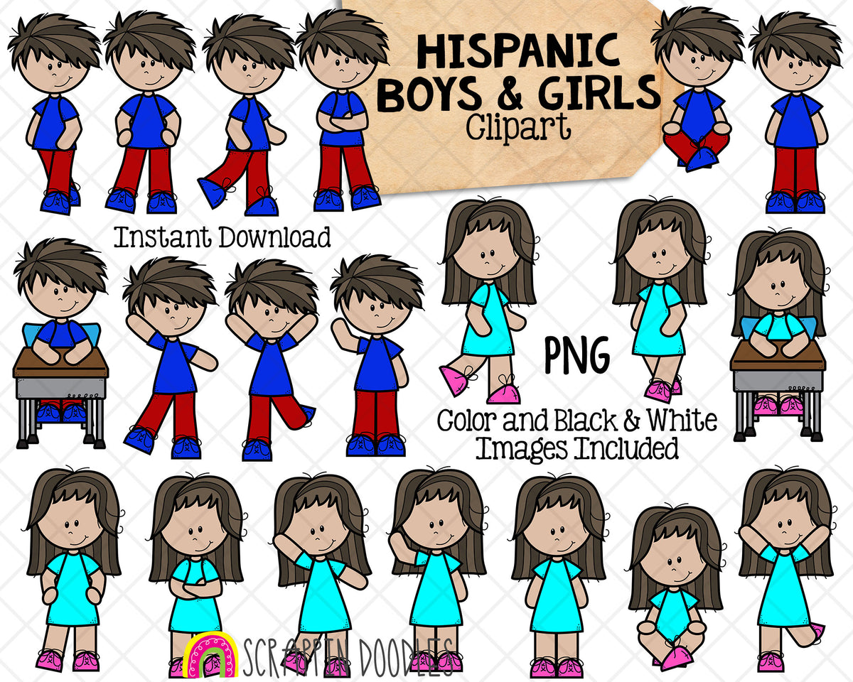 Hispanic Boys and Girls Kids ClipArt - Multi Cultural Children Posing Graphics - Commercial Use PNG