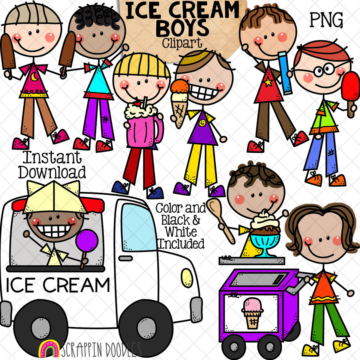 Ice Cream Clipart - Doodle Boys - Ice Cream Truck ClipArt - Cart - Sundae - Ice Cream Cone - Hand Drawn PNG