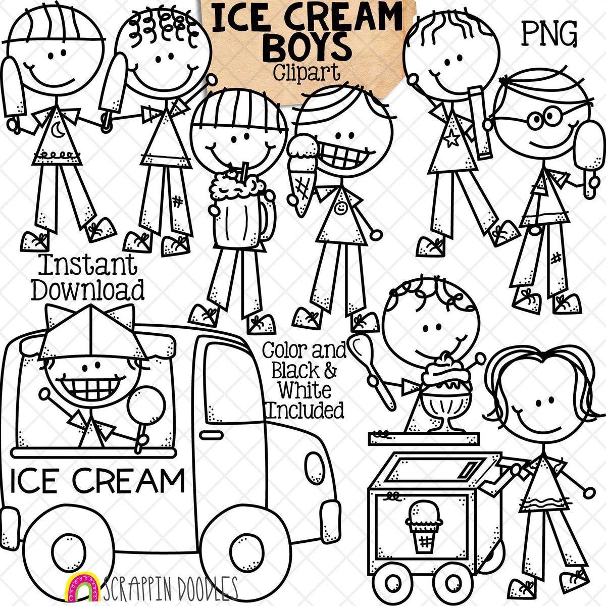 Ice Cream Clipart - Doodle Boys - Ice Cream Truck ClipArt - Cart - Sundae - Ice Cream Cone - Hand Drawn PNG